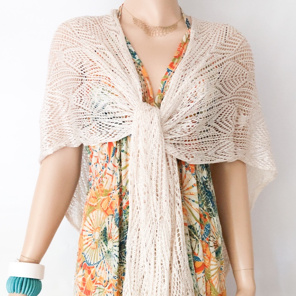 Crochet Ivory Shawl Wrap Dress Cocktail Scarf Beach Cover up Cape One Size
